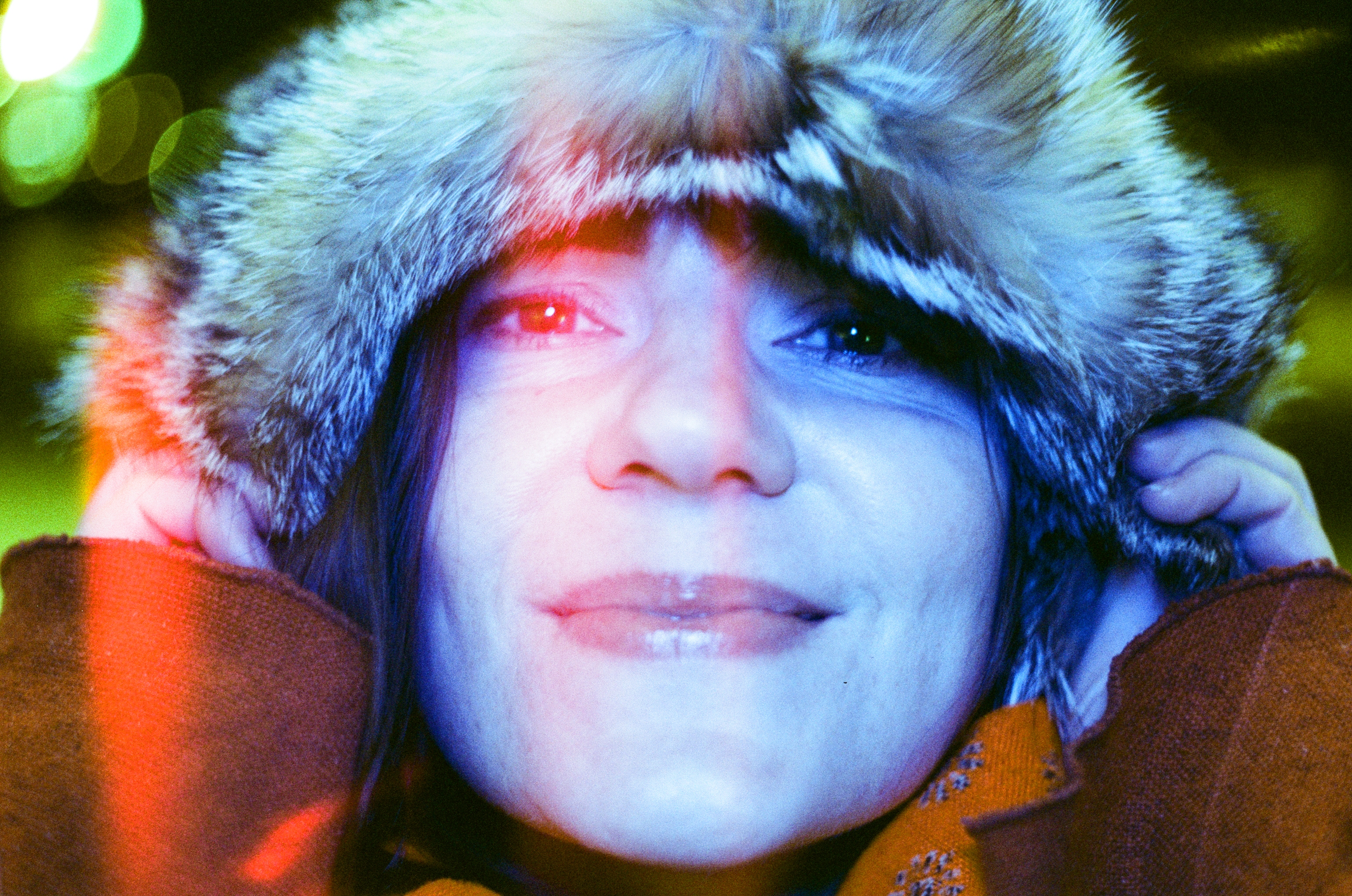 Fur hat bokeh lights